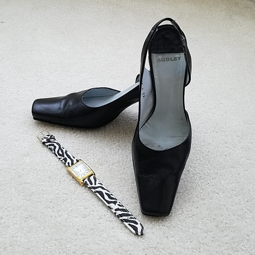 Black leather sling back square toe pumps